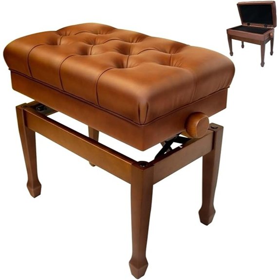 Adjustable Brown Leather-Wrapped Piano Bench with Storage